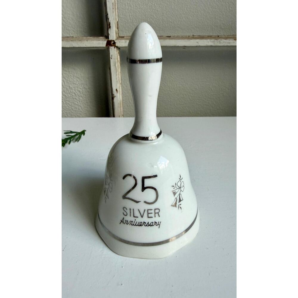 Vintage 25th Silver Anniversary Porcelain Bell, White China Bell with Silver